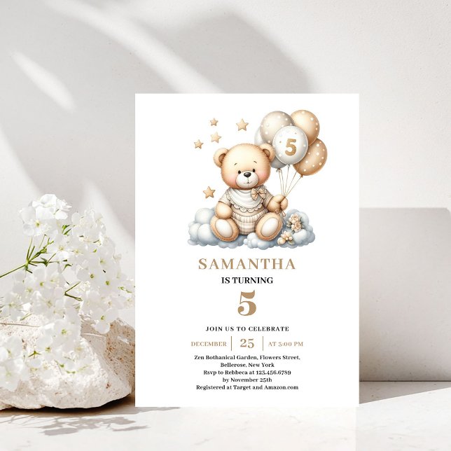 Convite de 5º Aniversário Urso de Pelúcia Balões D (5th Birthday Invite Teddy Bear Gold Ivory Theme)
