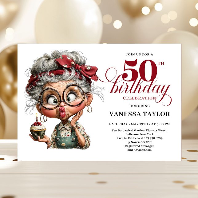Convite de 50º aniversário caprichoso e divertido  (Whimsical 50th birthday invite quirky fun woman)