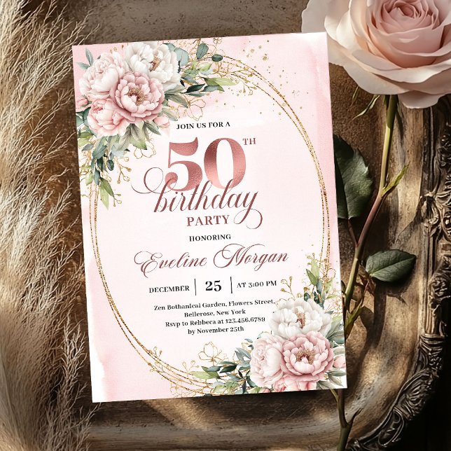 Convite de 50º Aniversário com Aquarela Rosa Delic (Delicate Blush Watercolor 50th Birthday Invitation)