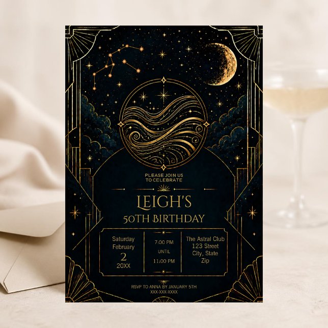 Convite de 50º Aniversário de Aquário | Arte Deco  (Elegant Aquarius 50th birthday invitation with luxurious dark Art Deco celestial zodiac design.)