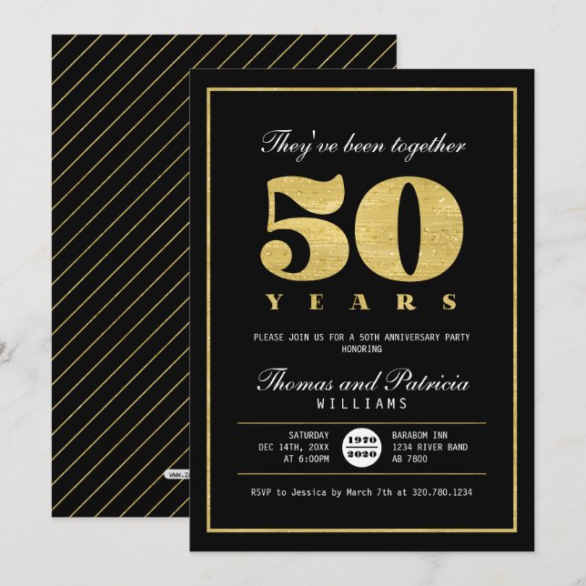Convite de 50º Aniversário de Casamento Dourado e  (Frente/Verso)