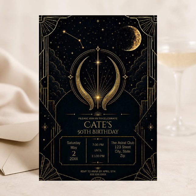 Convite de 50º Aniversário de Touro | Elegante Esc (Elegant Taurus 50th birthday invitation with luxurious dark Art Deco celestial zodiac styling.)