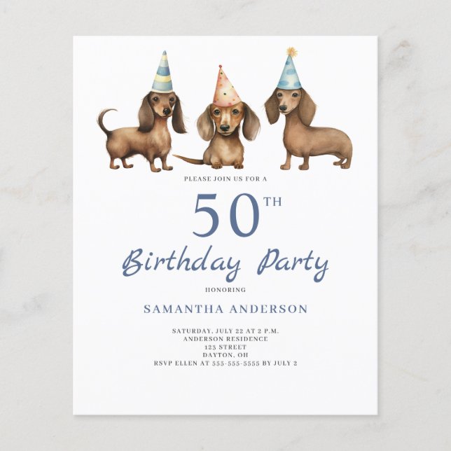 Convite de 50º aniversário do cachorro Dachshund e (Frente)