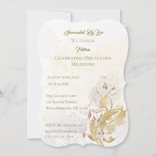 Convite de 50º Aniversário do Floral Dourado e Blu (Frente)