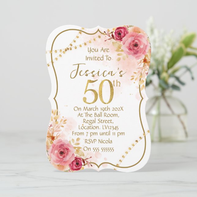Convite de 50º Aniversário Floral (Em pé/Frente)