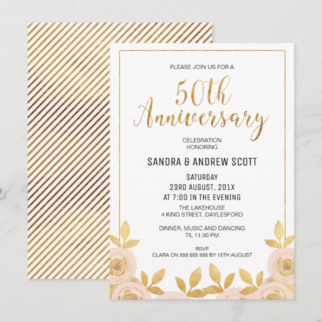 Convite de 50º Aniversário Floral Faux Dourado (Frente/Verso)