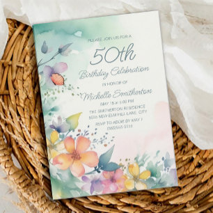 Convite de 50º Aniversário Flores Pastel Rosa Azul