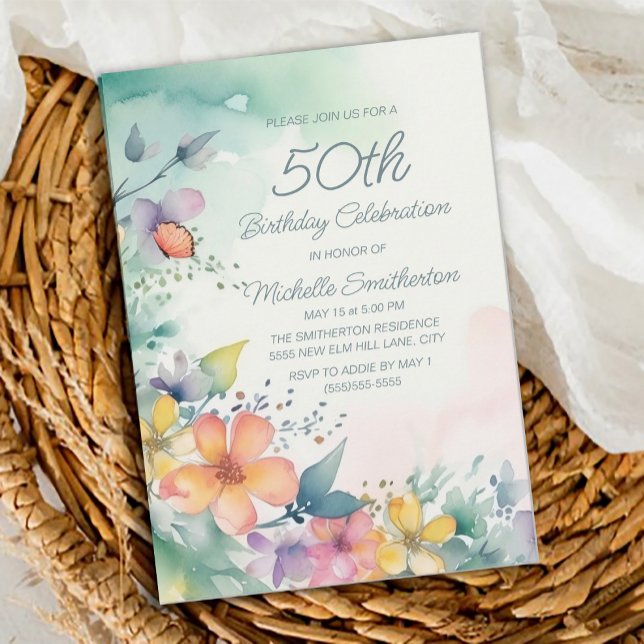 Convite de 50º Aniversário Flores Pastel Rosa Azul (Teal, yellow, pink floral 50th birthday party invitation)
