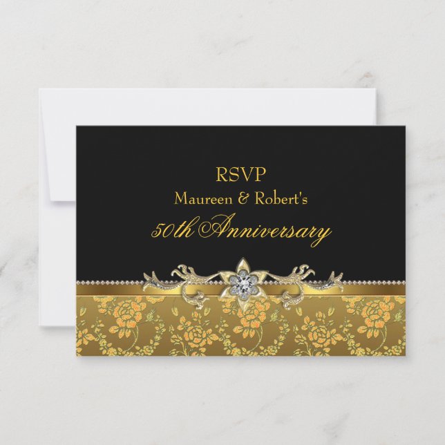 Convite de 50º Aniversário Gold & Black Rose RSVP (Frente)
