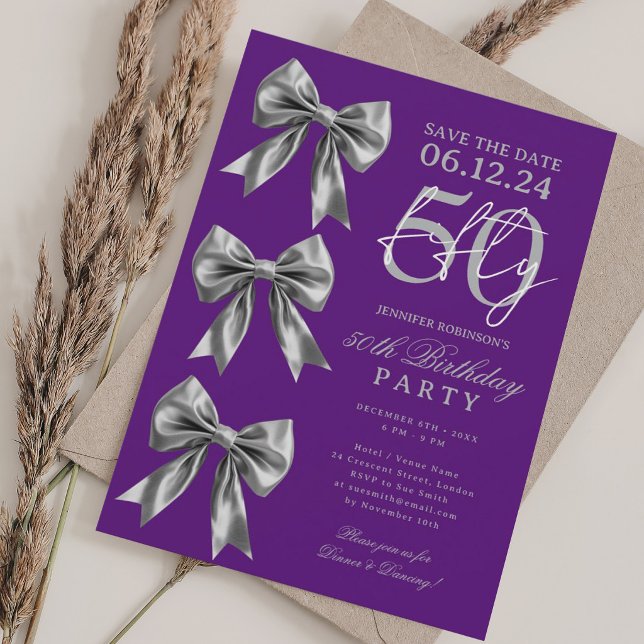 Convite de 50º Aniversário Laço Coquete Prata Roxo (Criador carregado)