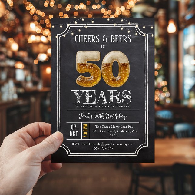 Convite de 50º Aniversário Masculino Cheers & Beer (50th birthday invite, cheers and beers)