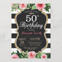 Convite de 50º Aniversário Mulheres. Floral Dourad