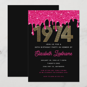 Convite de 50º Aniversário Pink Glitter Drip 1974