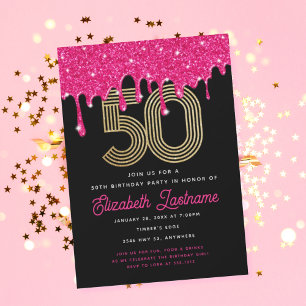 Convite de 50º Aniversário Pink Glitter Drip na Mo