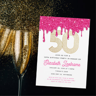 Convite de 50º Aniversário Pink Glitter Drip na Mo