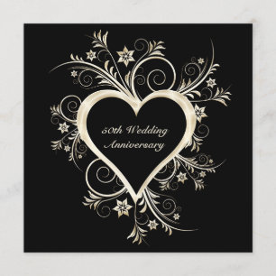 Convite de 50º Aniversário Preto, Coração Dourado