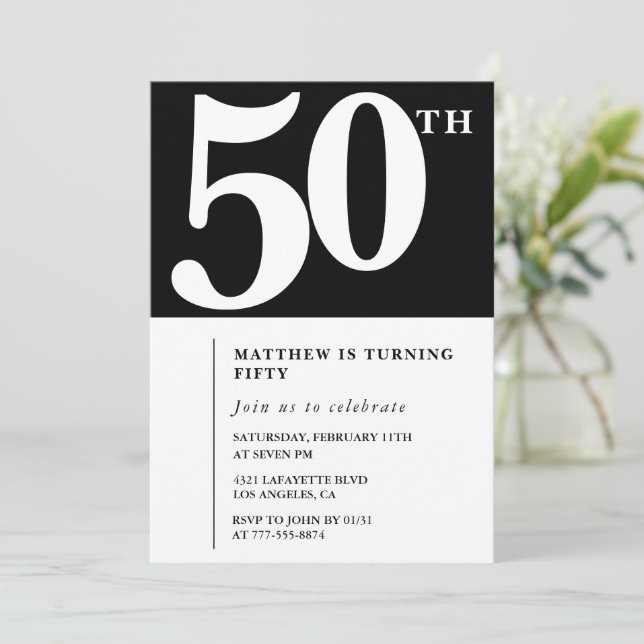 Convite de 50º aniversário preto Elegante Chique S (Em pé/Frente)