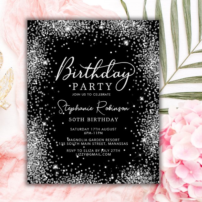 Convite de 50º Aniversário Preto Prata Brilhante E (Criador carregado)