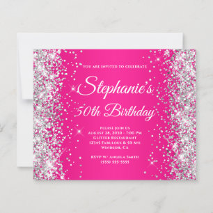 Convite de 50º Aniversário Silver Glitter Hot Pink