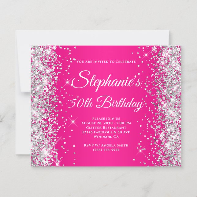 Convite de 50º Aniversário Silver Glitter Hot Pink (Frente)