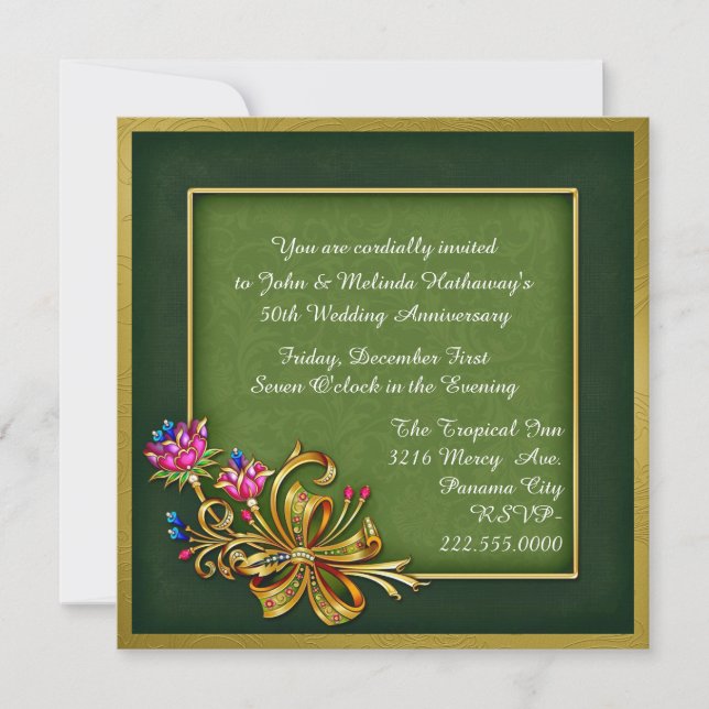 Convite de 50º Aniversário Verde e Dourado Elegant (Frente)