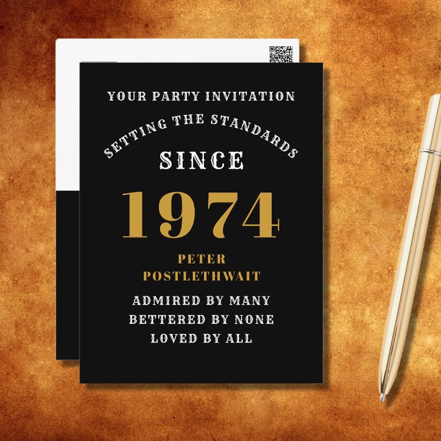 Convite de 50 Anos de Idade 1974 Ouro Preto (Elegant Black and Gold 50th Birthday Invitation - Create Your Own Personalized Design. )