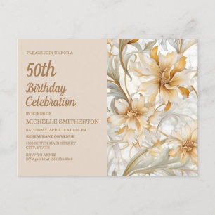 Convite de 50 Anos Feminino Floral Dourado Bege