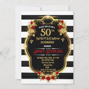 Convite de 50 de aniversário preto, branco e Doura