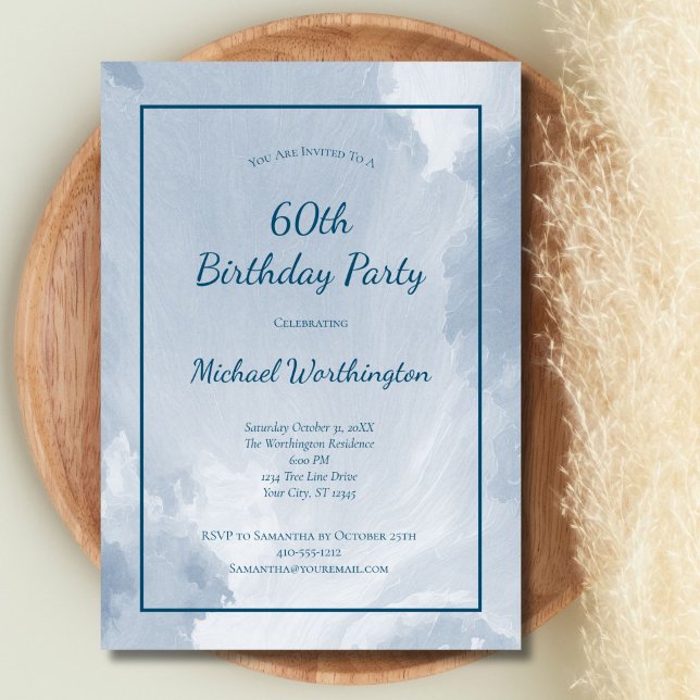 Convite de 50 ou 60 anos de idade para homens com  (Blue Watercolor Texture Border 60th 70th 80th birthday party invitation for him Printed or Digital)
