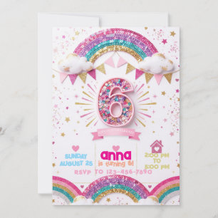 Convite de 6º Aniversário com Lantejoulas Arco-Íri