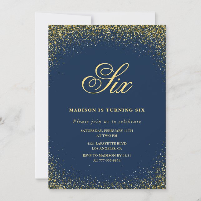 Convite de 6º aniversário elegante Dourado Marinho (Frente)
