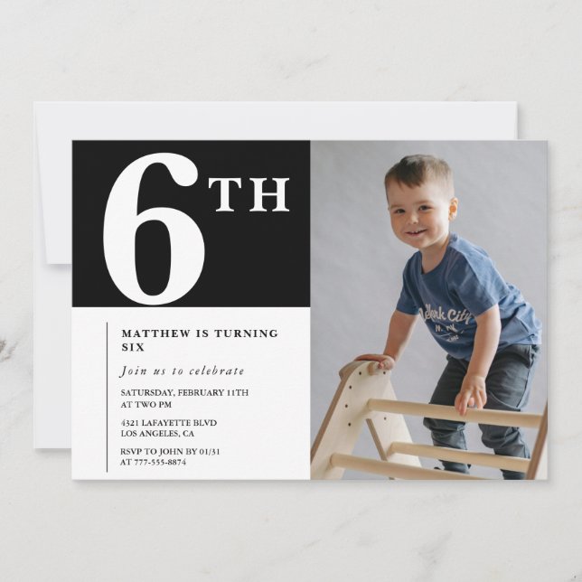 Convite de 6º aniversário elegante Menino Negro Fo (Frente)