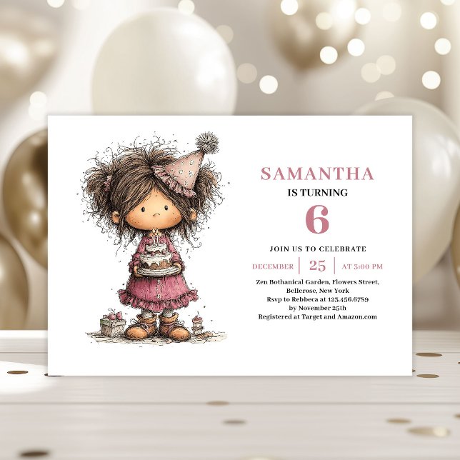 Convite de 6º Aniversário Menina Divertida Fantasi (Whimsy Funny Girl 6th Birthday Invitation Pink)