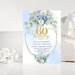 Convite de 60º Aniversário Azul Claro Floral Doura