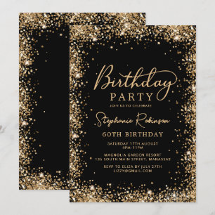 Convite de 60º Aniversário Black Gold Glitter Eleg