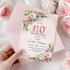 Convite de 60º Aniversário Boho Floral em Rose Gol