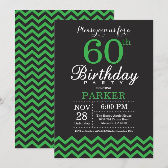Convite de 60º Aniversário Chevron Preto e Verde (Frente/Verso)