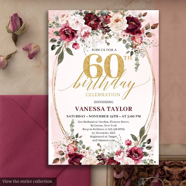Convite de 60º Aniversário Chic Boho Marrom Dourad (Chic Boho Maroon Gold Floral 60th Birthday Party)