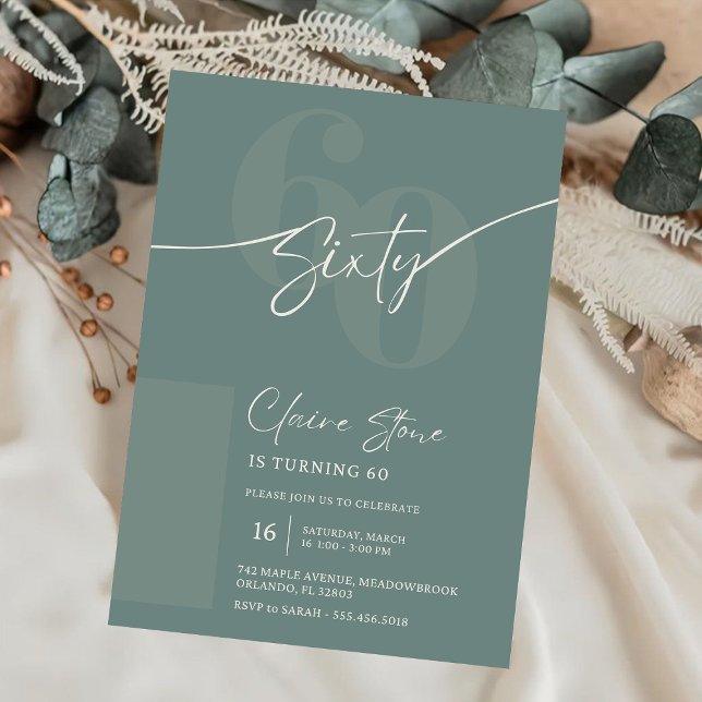 Convite de 60º Aniversário Cinza Sage Elegante (Criador carregado)