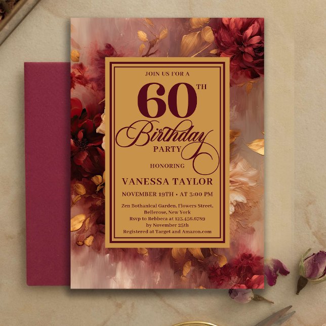 Convite de 60º Aniversário de Rosas Borgonha Doura (Beautiful 60th Birthday Burgundy Roses Gold Invitation)