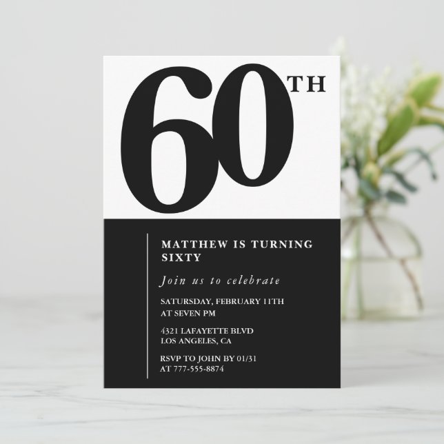 Convite de 60º aniversário elegante Preto Chic Mod (Em pé/Frente)