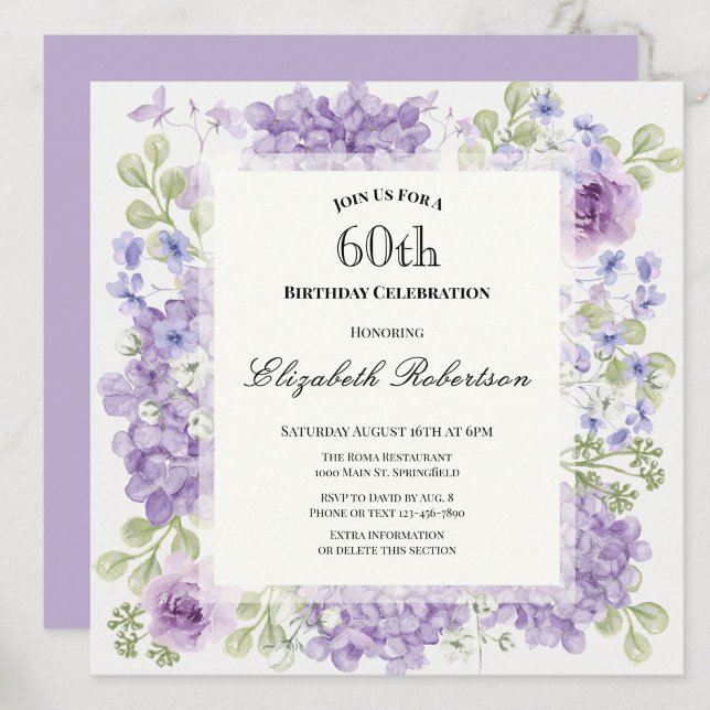 Convite de 60º Aniversário Elegantes Flores Roxas (Criador carregado)