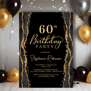 Convite de 60º Aniversário em Ágata Preta e Dourad