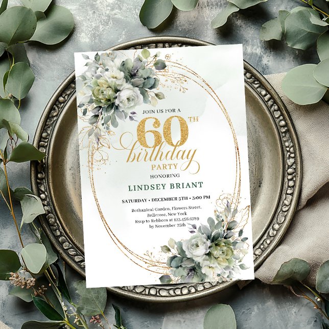 Convite de 60º Aniversário em Aquarela Verde Poeir (Watercolor 60th Birthday Dusty Green Invite

)