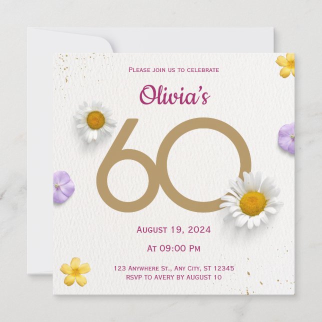 Convite de 60º Aniversário Floral Dourado (Frente)