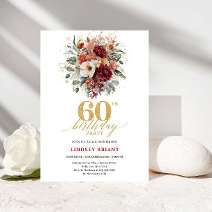 Convite de 60º Aniversário Floral Dourado Vermelho