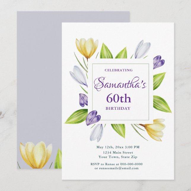 Convite de 60º Aniversário Floral Elegante de Prim (Frente/Verso)