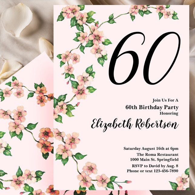 Convite de 60º Aniversário Floral em Rosa Bege (Criador carregado)