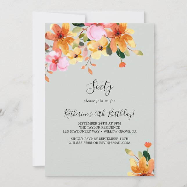 Convite de 60º Aniversário Floral Pintado Elegante (Frente)