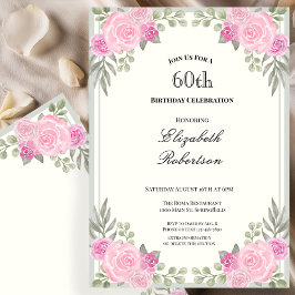 Convite de 60º Aniversário Floral Rosa e Verde Sag